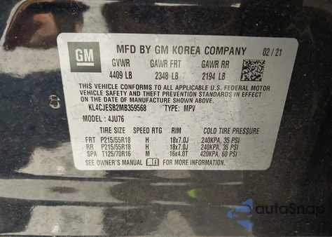 2021 Buick Encore Awd Preferred z USA, uszkodzony, nr VIN KL4CJESB2MB359568